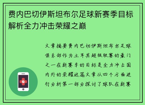 费内巴切伊斯坦布尔足球新赛季目标解析全力冲击荣耀之巅