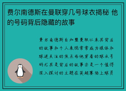 费尔南德斯在曼联穿几号球衣揭秘 他的号码背后隐藏的故事 费尔南德斯在曼联穿几号球衣揭秘 他的号码背后隐藏的故事