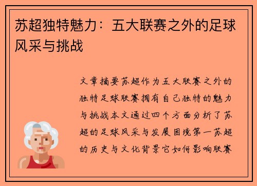 苏超独特魅力：五大联赛之外的足球风采与挑战